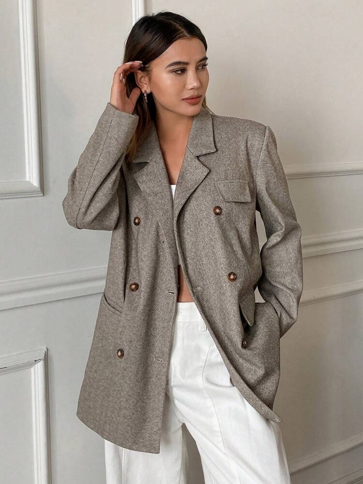 Women's Herringbone Double Breasted Lapel Collar Loose Long Sleeve Pocket Blazer, Fall Women Clothes Business Attire