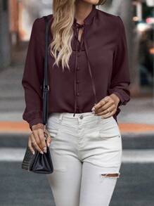 EMERY ROSE 1pc Women Casual Solid Color Lantern Sleeve Tie Collar Blouse, Autumn Fall Cloth For Women - Purple - View 4