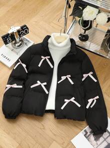 SHEIN Tween Girls Solid Black Color Stand Collar Casual Pink Bow Detail Winter Coat, Thickened Loose Fit Oversized Padded Coat, Super Warm