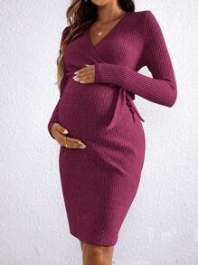 SHEIN Maternity Solid Color V-Neck Long Sleeve Simple Casual Dress