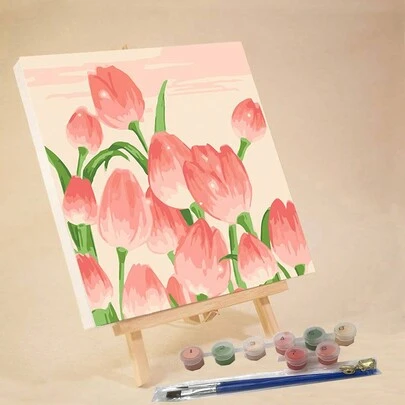 1 件郁金香数字油画套装，适合成人初学者，20 宽 x 20 长或 30 宽 x 30 长帆布画，绘画油画，带 2 支画笔，丙烯颜料花卉和风景，可爱的 DIY 绘画，家居墙壁装饰圣诞节，可作为节日礼物