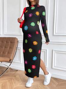 SHEIN 花卉印花立领开衩下摆修身孕妇连衣裙，秋季，孕妇装 - 黑色 - 查看 1