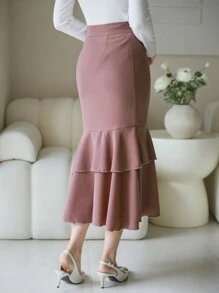 DAZY Solid Color Fishtail Ruffle Hem Skirt For Women,Fall Clothes