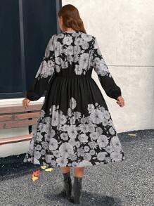 EMERY ROSE Robe à manches longues à imprimé floral col V pour femme grande taille, élégante pour femme - Noir - Voir 2