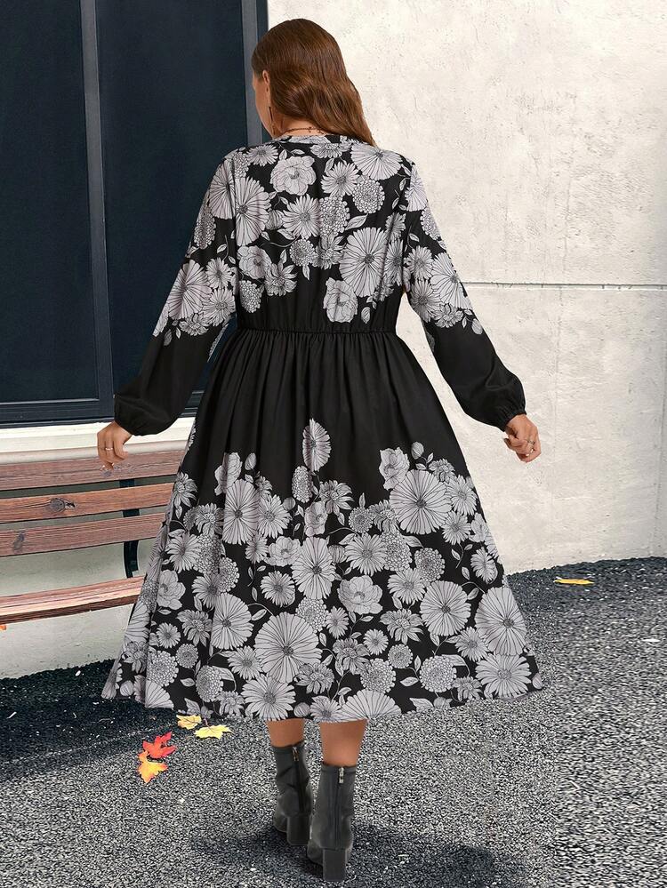 Plus Size Winter Women's Long Sleeve Floral Print V-Neck Dress, Elegant For Women