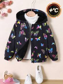 SHEIN Young Girl Woven Butterfly Pattern Loose Fit Hooded Casual Jacket, Autumn/Winter - Multicolor - View 2
