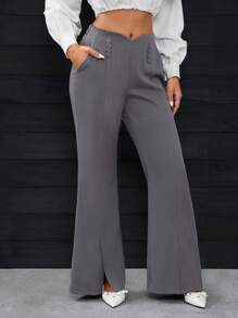 SHEIN SXY 休闲优雅高腰前开衩直腿女式正装长裤 - 灰色 - 查看 7