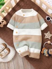 女婴休闲拼色条纹针织连体衣，秋冬 - 彩色 - 查看 1