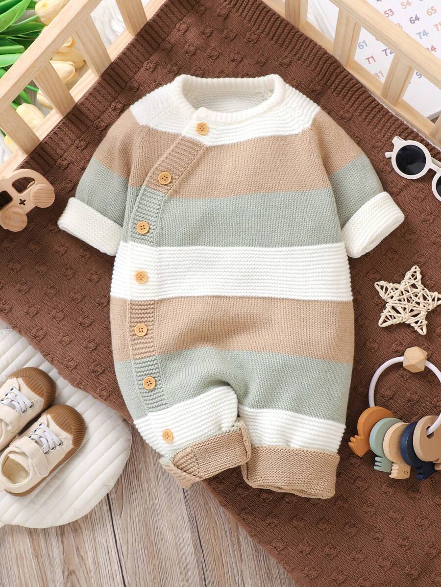 女婴休闲拼色条纹针织连体衣，秋冬 - 彩色 - 查看 1
