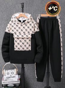 Tween Boys 2 件/套学院风拼接全身图案廉价服装，适合 T 恤、万圣节、秋季衬衫、返校、男孩夹克、男孩慢跑裤、长袖 T 恤、男孩牛仔裤、通勤、休闲、学院、运动、适合秋冬季 - 黑色 - 查看 1