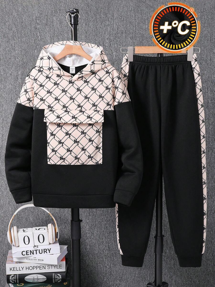 Tween Boys 2 件/套学院风拼接全身图案廉价服装，适合 T 恤、万圣节、秋季衬衫、返校、男孩夹克、男孩慢跑裤、长袖 T 恤、男孩牛仔裤、通勤、休闲、学院、运动、适合秋冬季 - 黑色 - 查看 1