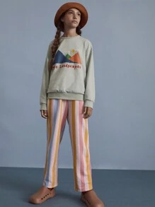 SHEIN Tween 女童彩色条纹针织运动衫和松紧腰直筒裤两件套，秋冬 - 彩色 - 查看 3