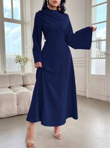 Modelyn 女士纯色立领长袖褶皱长款休闲连衣裙长款晚礼服 - 藍色 - 查看 7