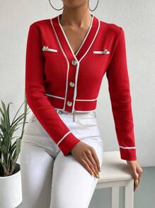 SHEIN Clasi Áo sơ mi nữ tay dài phối nút phía trước màu khối tối giản túi giả - Đỏ và trắng - Xem 3