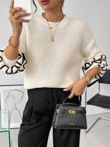 SHEIN Clasi Women Casual Daily Loose Fit Lantern Sleeve Embroidered Knit Sweater, Autumn/Winter - Beige - View 3
