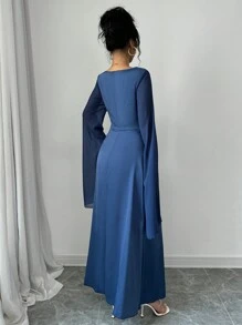 Rafferiza 1 件束腰长袖纯色优雅迷人连衣裙长款缎面女装 - 藍色 - 查看 2