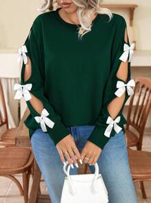 SHEIN Clasi Christmas Plus Size Women's Casual Round Neck Bow Decor Long Sleeve Sweatshirt, Autumn/Winter Pullover Fall - Green - View 6