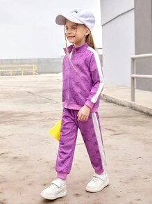 SHEIN Girls 2pcs Sporty Set - Purple Vintage Logo Hoodie Jacket & Comfortable Jogger Pants, Casual Sportswear Outfit For Young Girl