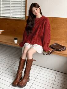 DAZY Women's Solid Color Drop Shoulder Long Sleeve Twist Knit Sweater, Autumn/Winter