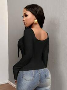 SHEIN SXY Red Rib Knit Top With Square Neckline And Tie Waist, Long Sleeve T-Shirtbasic Tees - Black - View 2