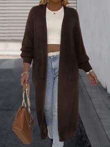 SHEIN LUNE 大码女式纯色落肩长袖口袋长款休闲开衫，秋季，冬季