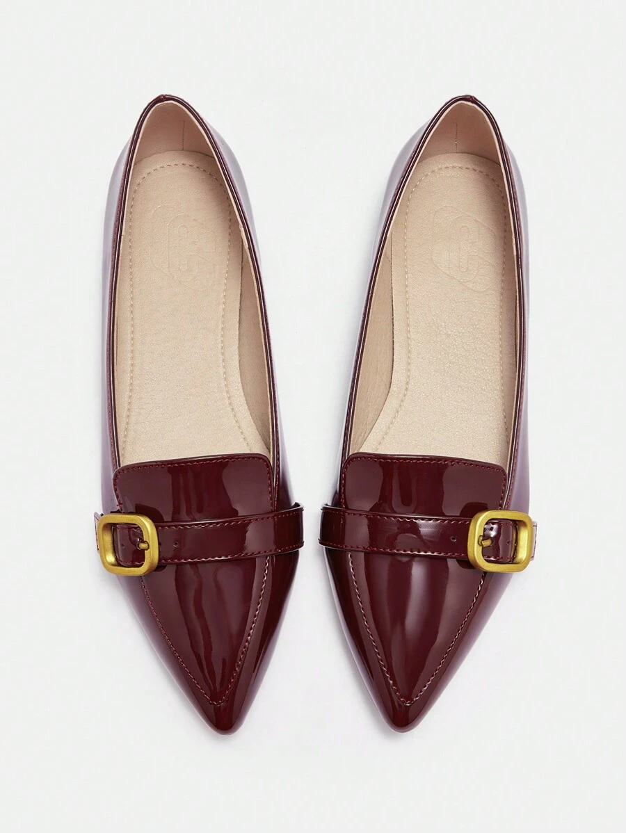 CUCCOO CURVES Wide Fit Flat Round Toe Buckle Strap Fashion Casual Shoes, White - Burgundy - View 1