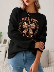 SHEIN LUNE Casual "FALL FOR JESUS" Leopard Print Bow Graphic Round Neck Long Sleeve Loose Fit Thick Hoodie Sweatshirt For Women, Suitable For Spring, Autumn & Winter