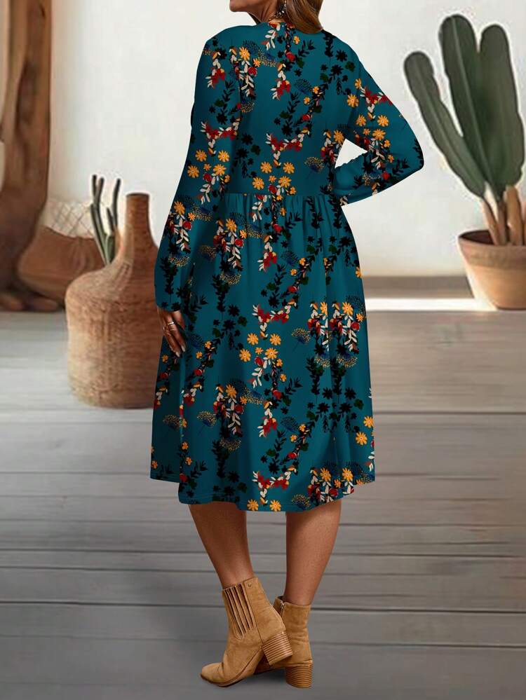 Casual Ditsy Floral Navy Blue Slim Fit Round Neck Long Sleeve Plus Size Dress, Suitable For  Chic Dress,Spring, Spring Break