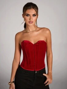 SHEIN BAE Áo lót nhung màu đỏ trơn tinh tế và lộng lẫy cho nữ, Đêm nhung, Tiệc sinh nhật, Đêm hẹn hò, Tiệc rave, Trang phục câu lạc bộ, Tiệc theo chủ đề, Quần áo hòa nhạc, Áo ngực không dây có đệm ngực, Áo corset, Trang phục hòa nhạc, Áo ba lỗ màu đỏ, Áo corset nữ, Quần áo Giáng sinh cho nữ - Đỏ - Xem 1