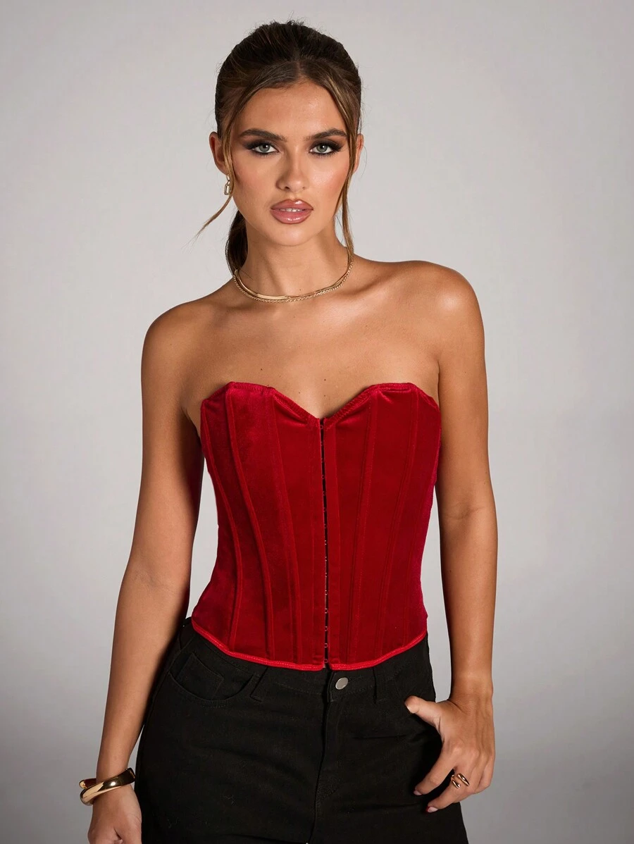 SHEIN BAE Áo lót nhung màu đỏ trơn tinh tế và lộng lẫy cho nữ, Đêm nhung, Tiệc sinh nhật, Đêm hẹn hò, Tiệc rave, Trang phục câu lạc bộ, Tiệc theo chủ đề, Quần áo hòa nhạc, Áo ngực không dây có đệm ngực, Áo corset, Trang phục hòa nhạc, Áo ba lỗ màu đỏ, Áo corset nữ, Quần áo Giáng sinh cho nữ - Đỏ - Xem 1