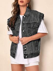 SHEIN Frenchy 女式休闲牛仔夹克，单排扣纽扣和翻盖口袋，适合秋季 - 深灰色 - 查看 5