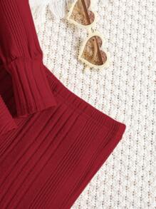 SHEIN 2 件套女婴纯色休闲针织弹力连帽上衣和裤子套装，秋冬 - 酒紅色 - 查看 3