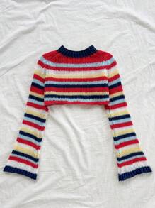 Soleia WYWH Women's Vacation Colorful Rainbow Knitted Long Sleeve Short Cover Up Sweater For Autumn