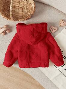 SHEIN LMoss Kids 新生女婴可爱纯色毛茸茸心形图案连帽衫厚夹克秋冬季 - 紅色 - 查看 2