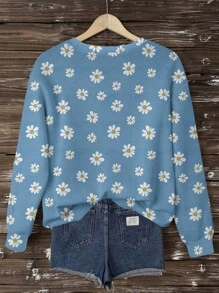 SHEIN LUNE Áo nỉ trùm đầu rộng rãi cổ tròn tay dài họa tiết hoa màu xanh tối giản giản dị dành cho nữ, thích hợp cho mùa hè - Nhiều màu - Xem 2