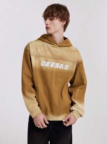 ROMWE MEN Prep Men Ombre Letter Print Hooded Denim Jacket - Khaki - View 1