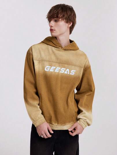 Prep Chaqueta de jean con capucha con estampado de letras en degradado para hombres