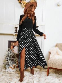 SHEIN VCAY Đầm dài tay xẻ đùi cổ tròn in họa tiết chấm bi cho nữ - màu đen - Xem 1