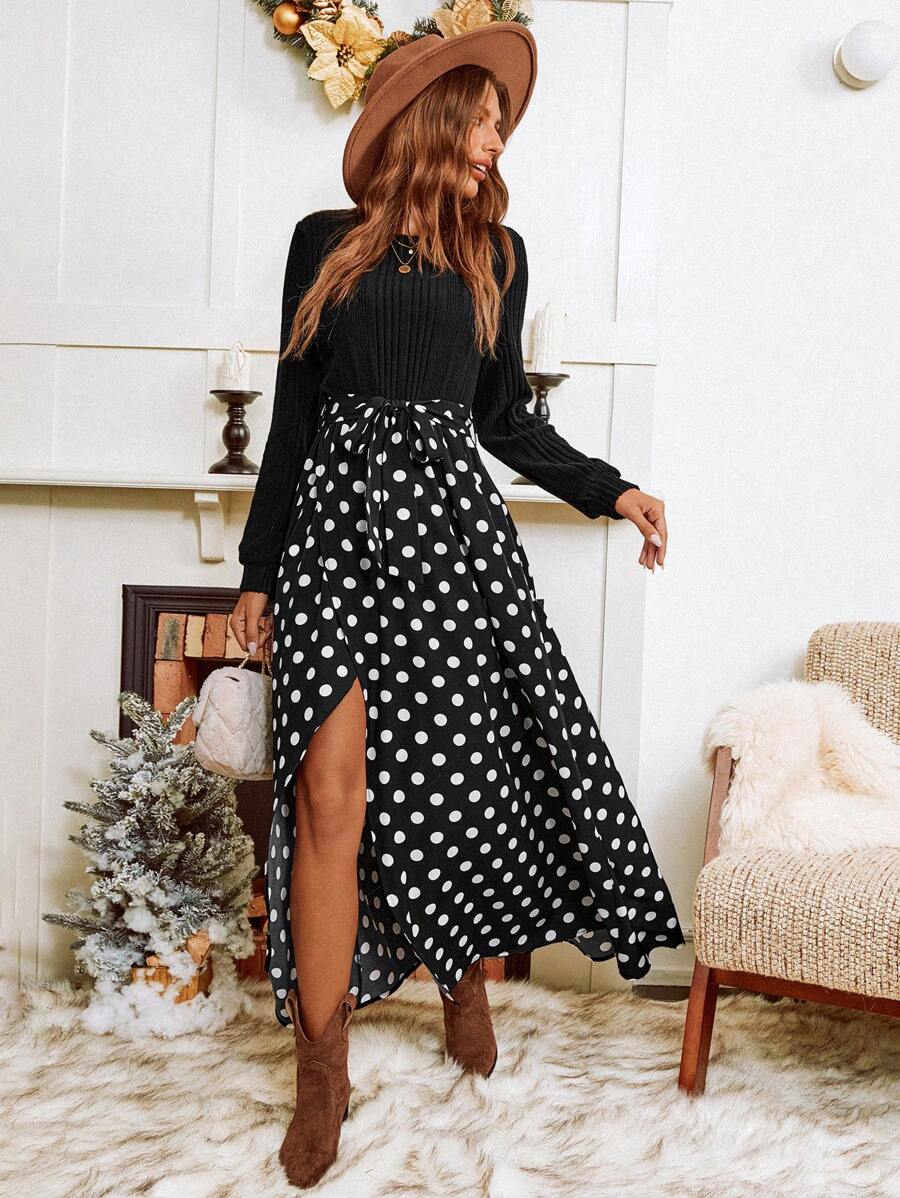 SHEIN VCAY Đầm dài tay xẻ đùi cổ tròn in họa tiết chấm bi cho nữ - màu đen - Xem 1