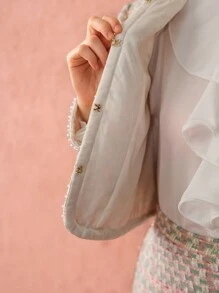 Enchnt Spring/Winter Romantic Women's Sweet Elegant Plaid Exquisite Faux Pearl Decor Long Sleeve Short Fancy Yarn Tweed Jacket,Sweet&Elegant Princess Outfit For Valentine's Day&Christmas Party&New Years&Birthday&Holiday &Sweet Date Night - Pink - View 18