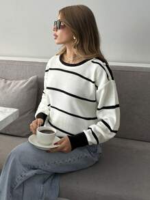 EURMUSE Women Stripe Pattern Round Neck Drop Shoulder Pullover - White - View 7