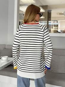 EURMUSE Women Stripe Pattern Round Neck Drop Shoulder Pullover - Multicolor - View 3