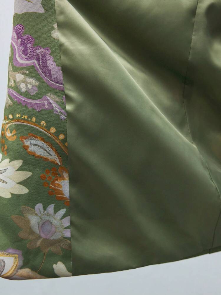 SHEIN Maija Digital Print Green Single-Breasted Blazer Jacket For Women, Casual Vacation Wear Suitable For St. Patrick's Day, Easter, Spring Break, Music Festivals, Vintage Style In Fall/Winter