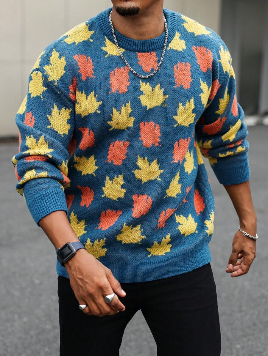Manfinity Homme Plus Size Men's Fall Casual Loose Fit Maple Leaf Pattern Drop Shoulder Sweater