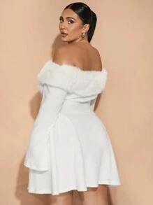 SHEIN BAE Plus Size Women's, Super Versatile, Cream Fluffy Trim Stretch Rib A-Hem Dress, Halloween, Simple Style, Perfect For Parties Or Everyday Wear, Sweet Hottie,Graduation Dress