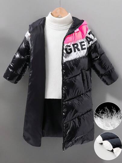 SHEIN Girls' Casual Commute Street Tricolor Splice Letter Metal Paint Finish Long Padded Coat