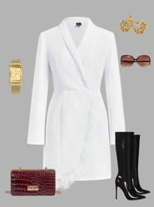 SHEIN Clasi Women's Elegant Occasion Wine Party White Feather Patchwork Blazer  Fall Women Dresses