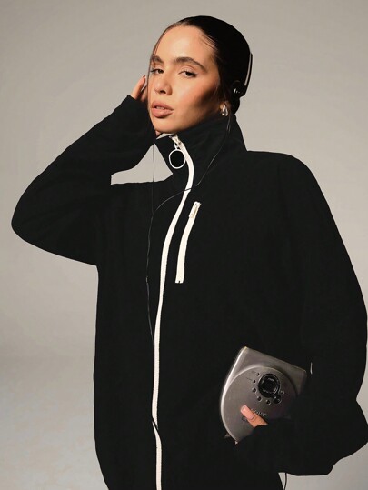 Athîral Chaqueta holgada casual de manga larga, cuello alto con cremallera, para mujer, otoño