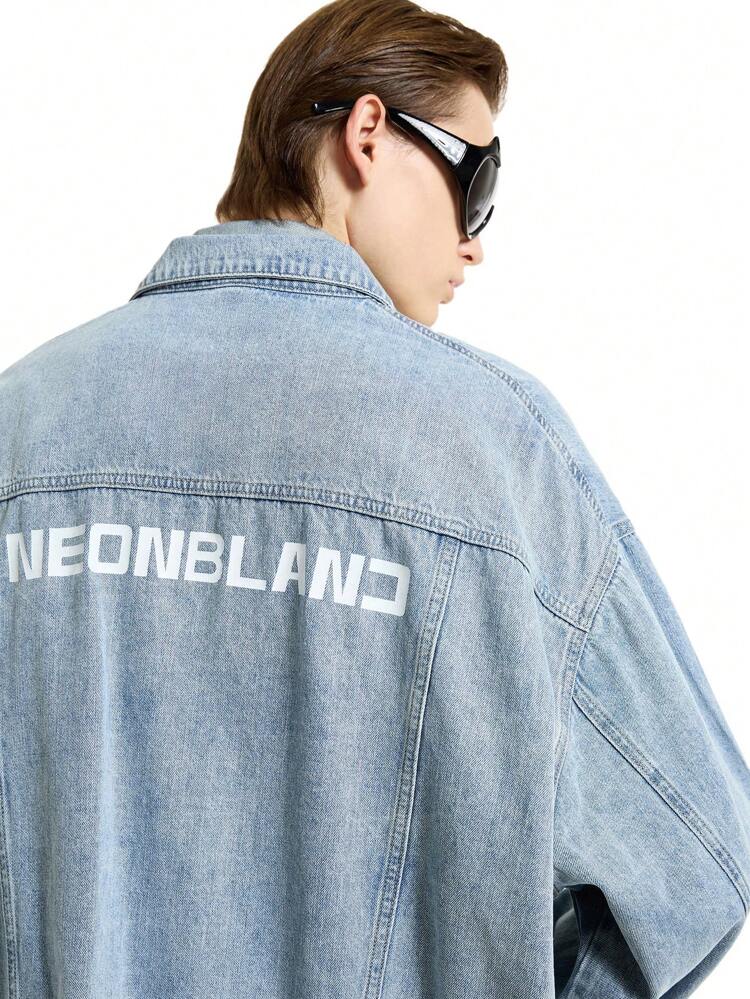 Men's Blue Cotton Denim Long Sleeve Loose Fit Reflective Letter Print Jacket