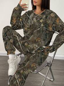 INAWLY 2 件套女士全印花圆领长袖上衣和抽绳腰长裤，休闲装